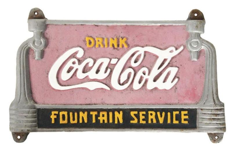 HEAVY CAST-IRON COCA-COLA FOUNTAIN SERVICE SIGN.