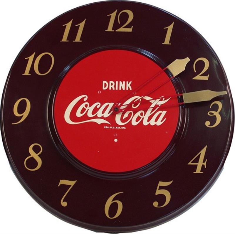Wall Mount Tin Maroon Coca Cola Clock c1951
