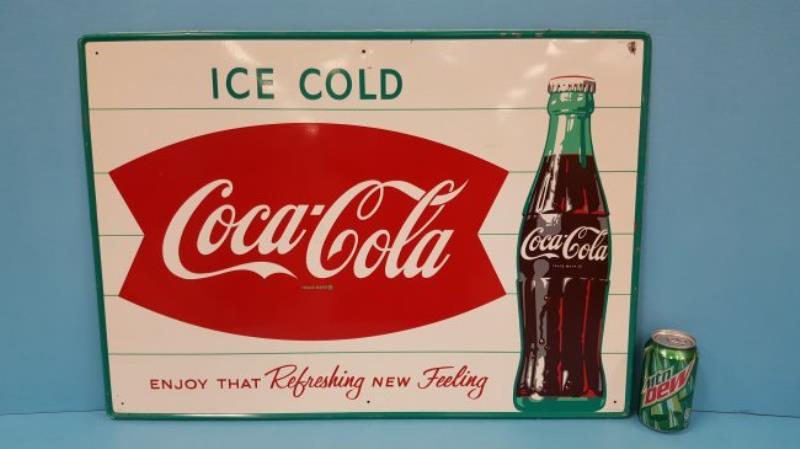 NOS Coca Cola Fishtail Ice Cold Sign with Bottle