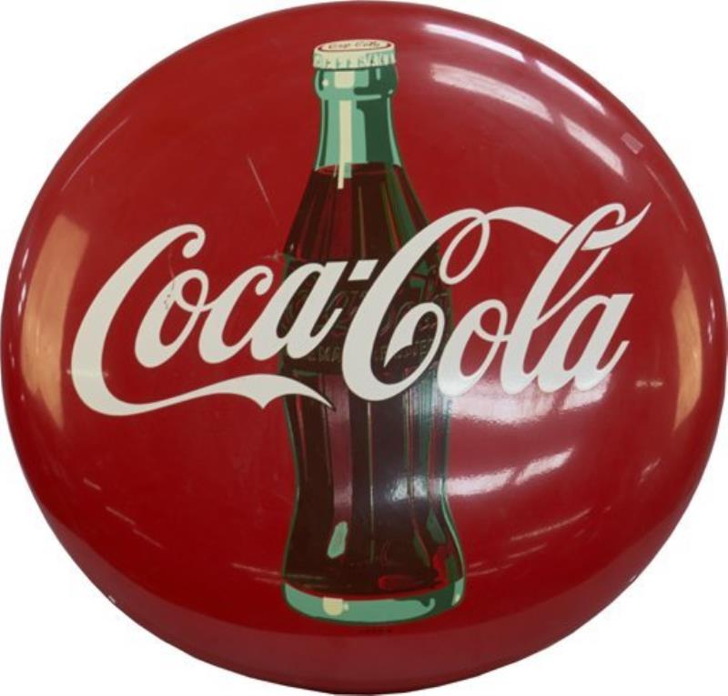 Coca-Cola Red Button Sign w/ Bottle Picture