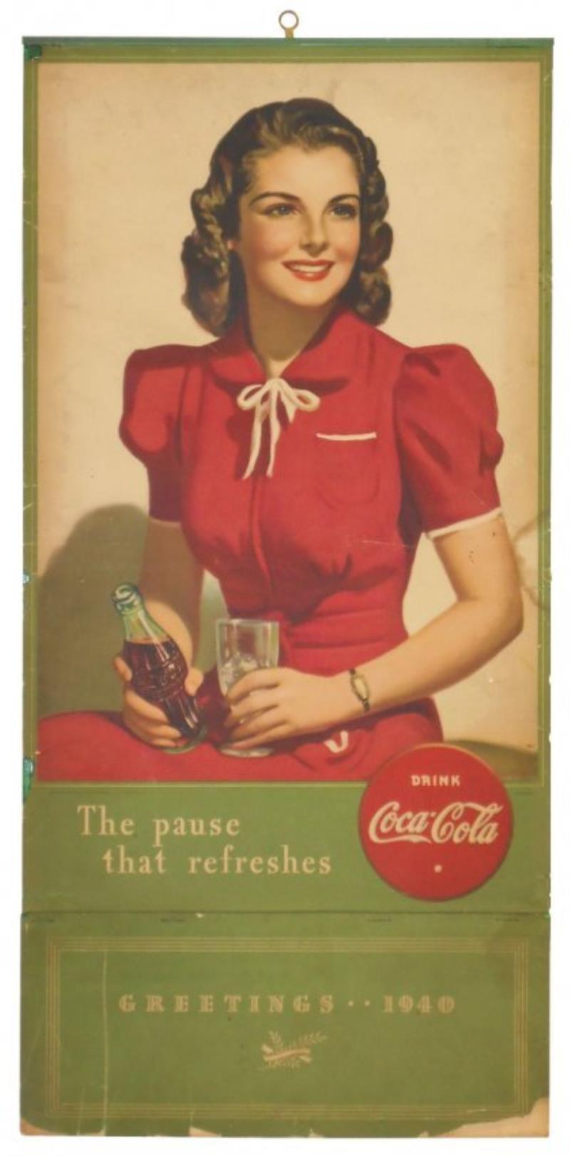 Coca-Cola calendar, c.1940, pretty girl in red dress
