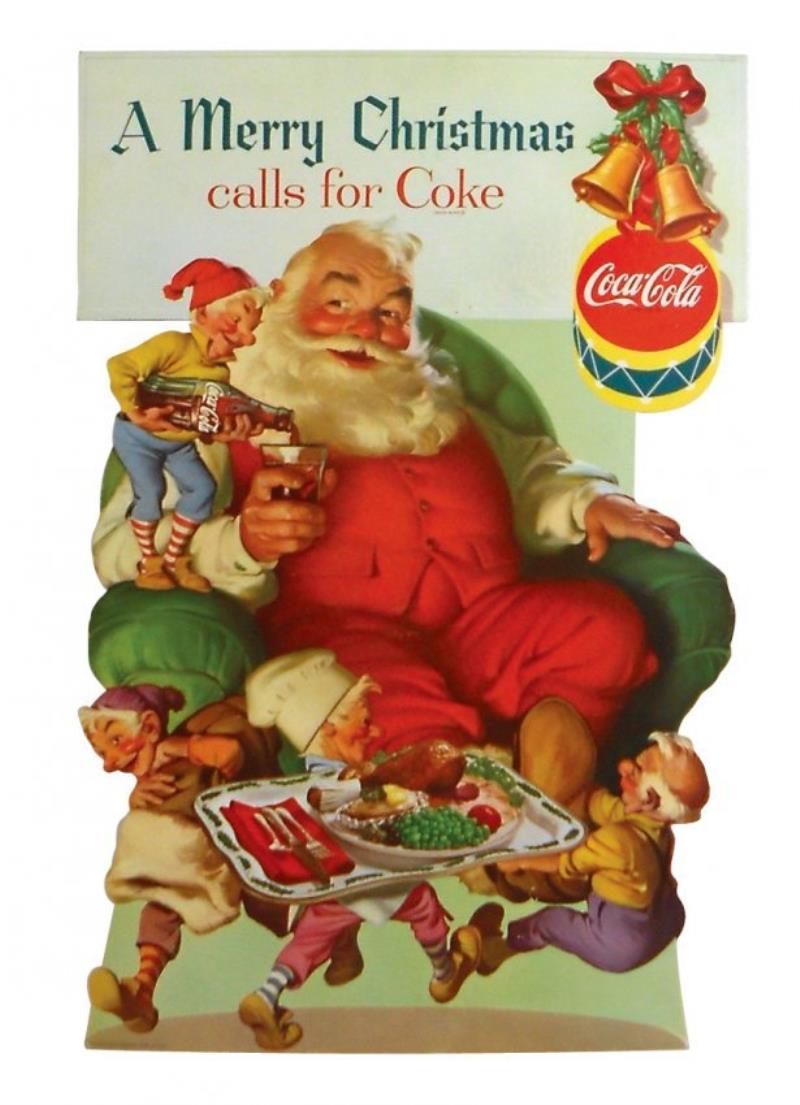 Coca-Cola Santa cutout, colorful litho on cdbd w/easel