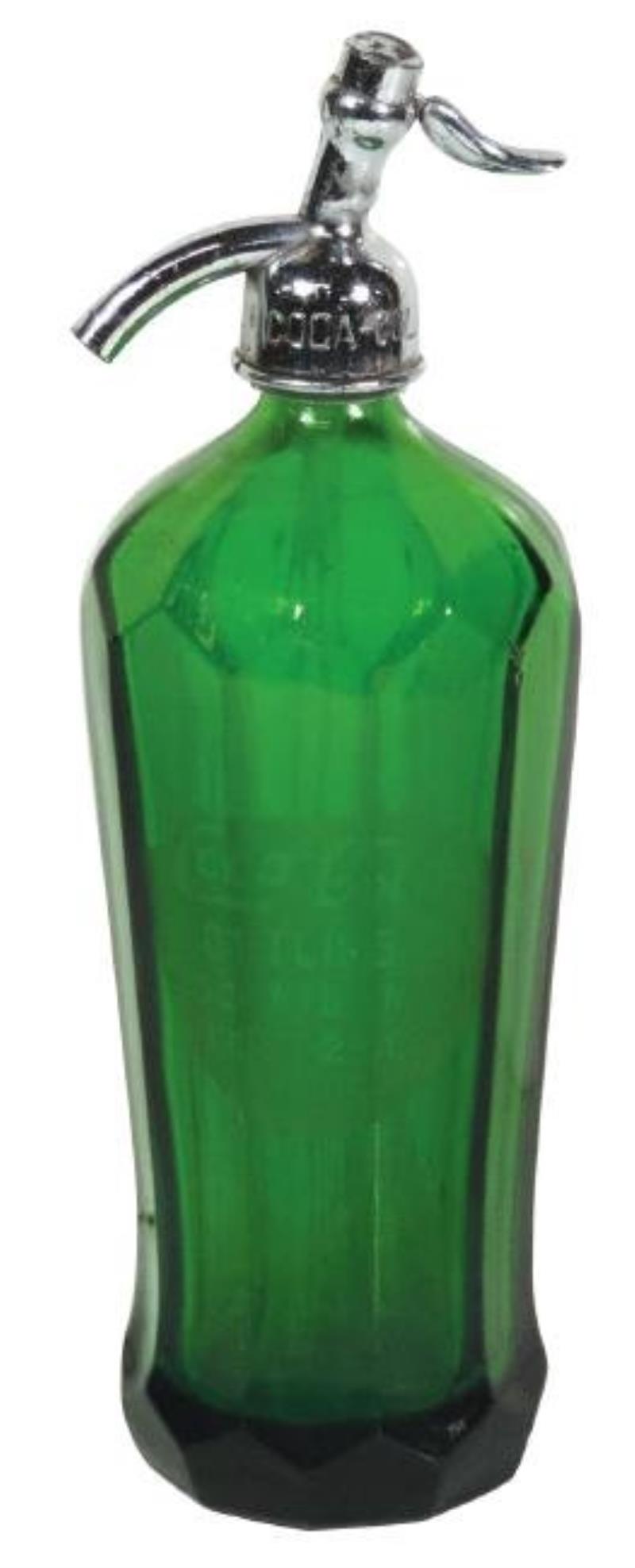 Coca-Cola seltzer bottle, emerald green glass, acid