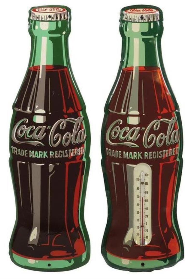 Coca-Cola Thermometer & Sign (2), both litho on metal,