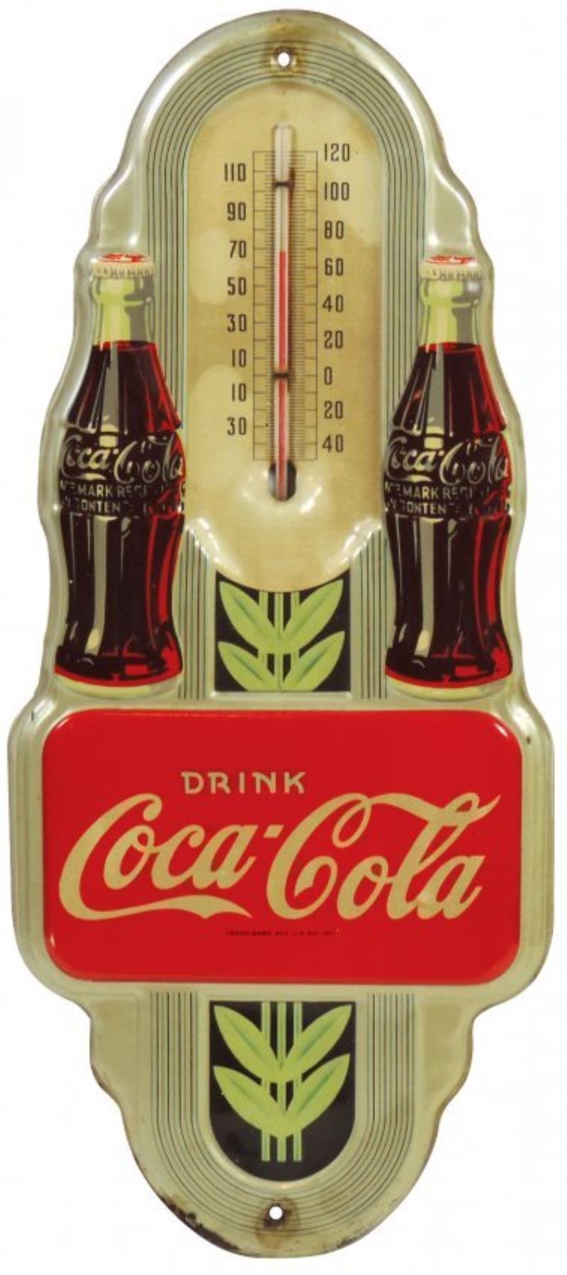 Coca-Cola thermometer, embossed diecut metal w/2