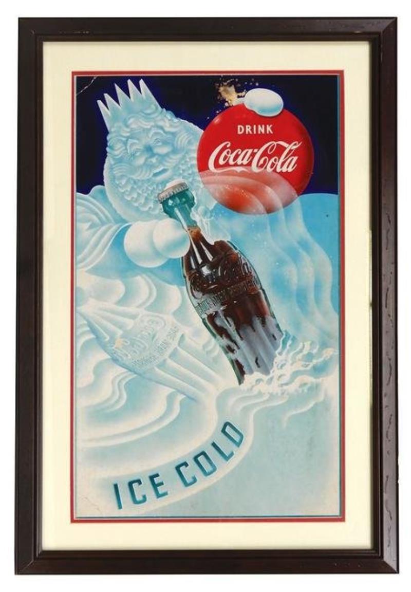 Coca-Cola Sign, "Ice Cold", litho on cdbd, framed,