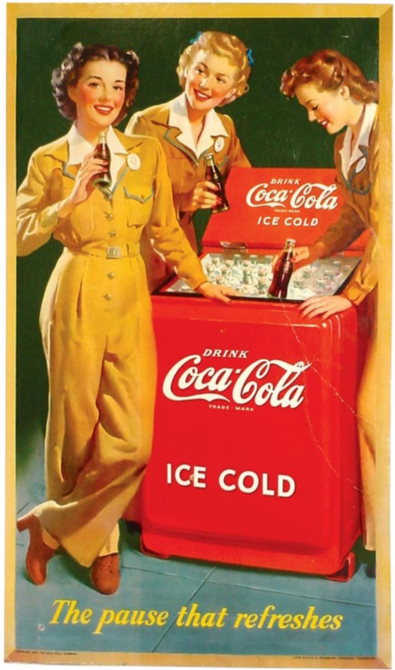 Coca-Cola cardboard sign, c.1943, 3 girls in unif