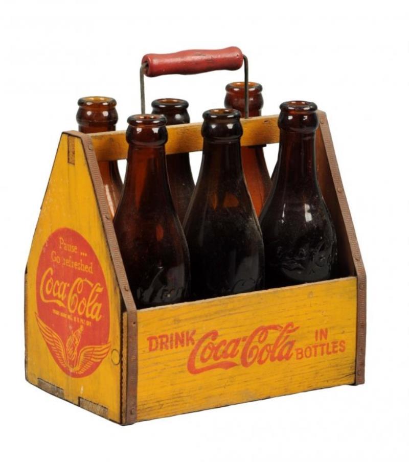 Coca - Cola Wooden Carrier & Amber Bottles.