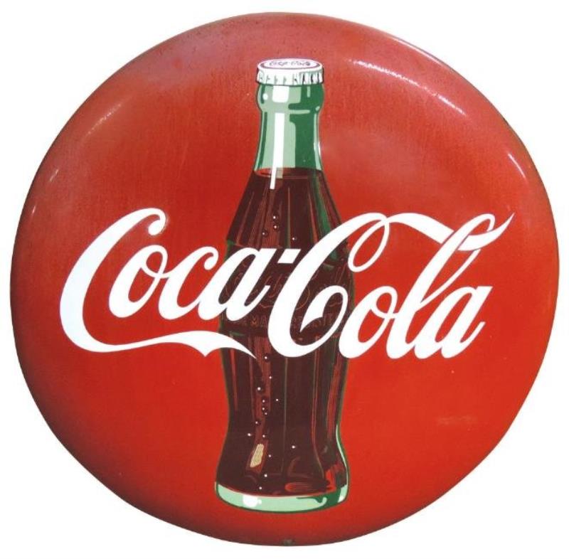 Coca-Cola button sign, porcelain w/bottle logo, VG cond