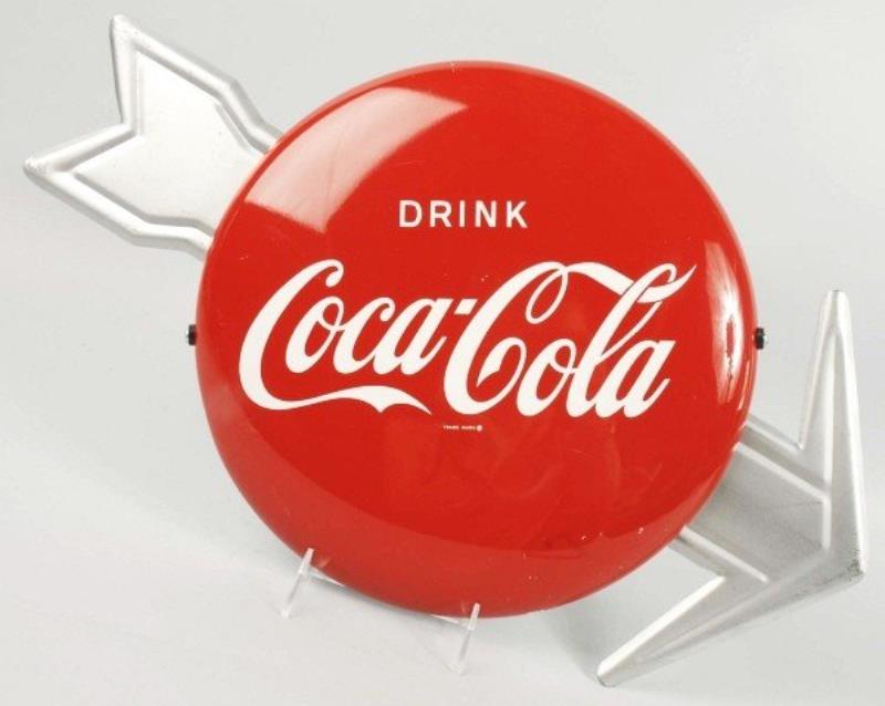 Tin Coca-Cola Button with Arrow Sign.