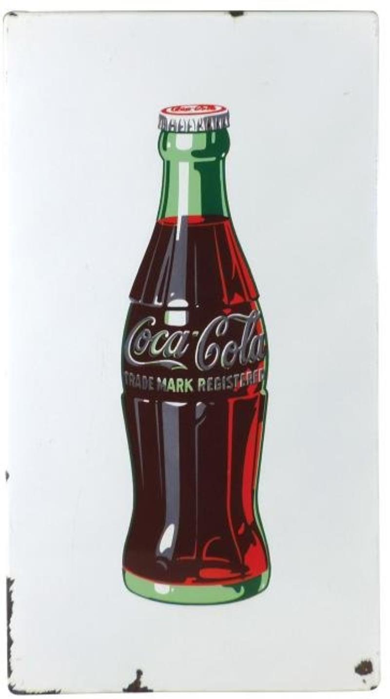 Coca-Cola sign, porcelain, white w/bottle graphic, VG