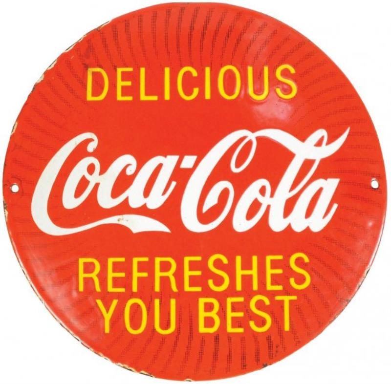 Coca-Cola porcelain sign, "Delicious Coca-Cola