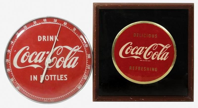 Coca-Cola Button & Thermometer (2), framed celluloid