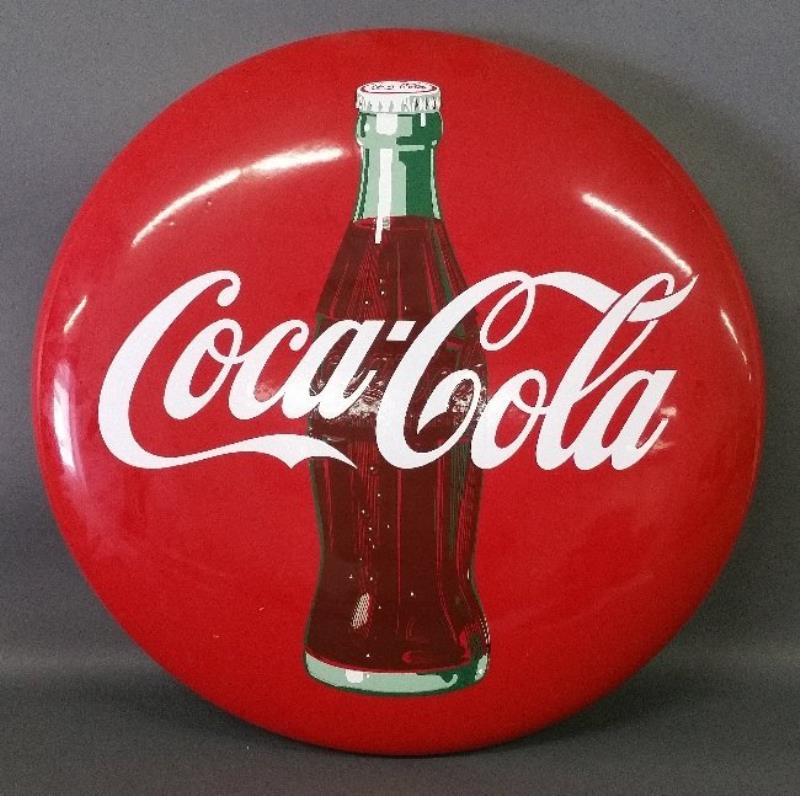 Coca-Cola painted tin button sign, circa 1950. 24