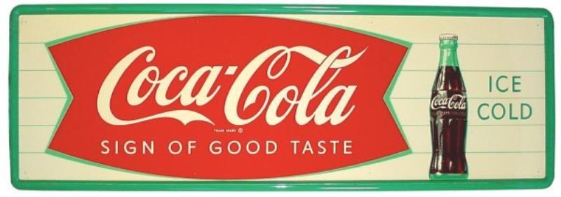 Coca-Cola sign, self-framed tin w/fishtail logo, c