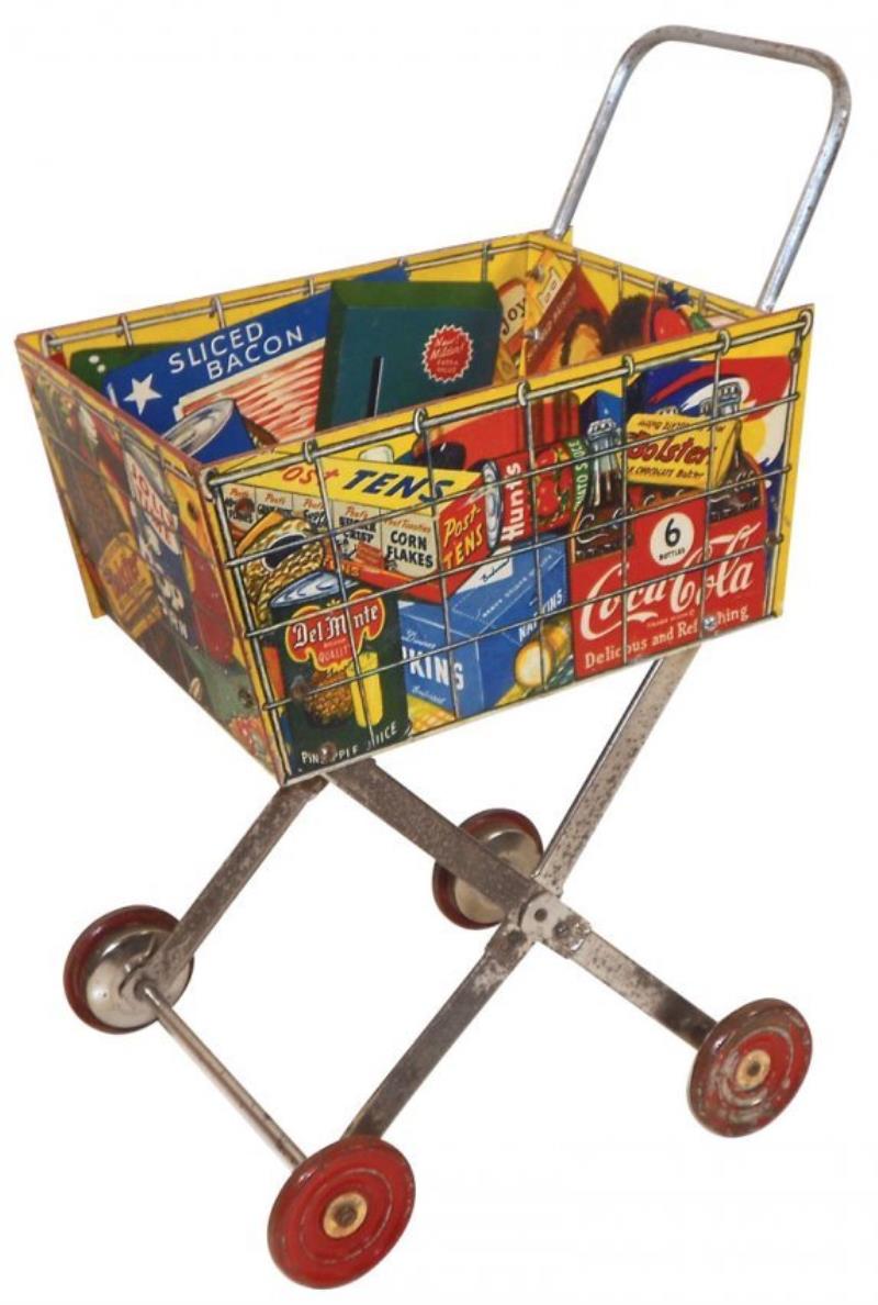 Coca-Cola toy shopping cart, metal & Masonite