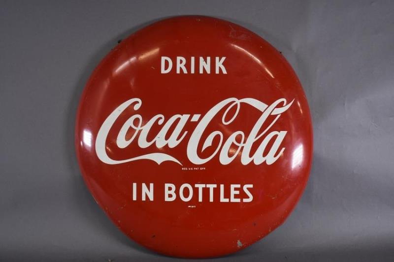 1955 DRINK COCA COLA IN BOTTLES TIN BUTTON