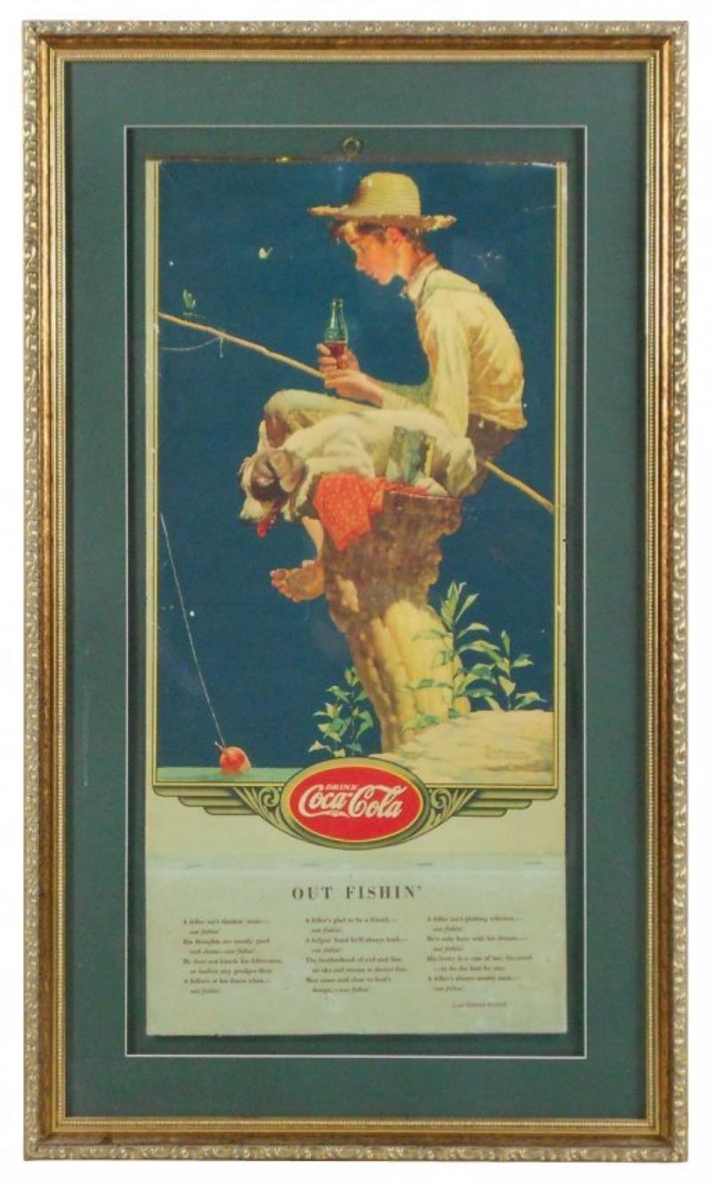 Coca-Cola calendar, c.1935, boy fishing w/dog, complete