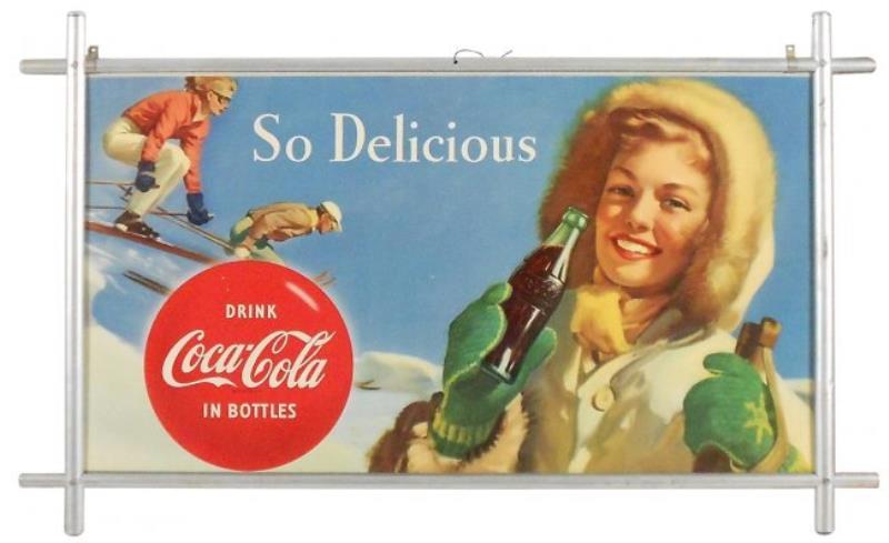 Coca-Cola sign, cdbd in metal frame, c.1954, "So
