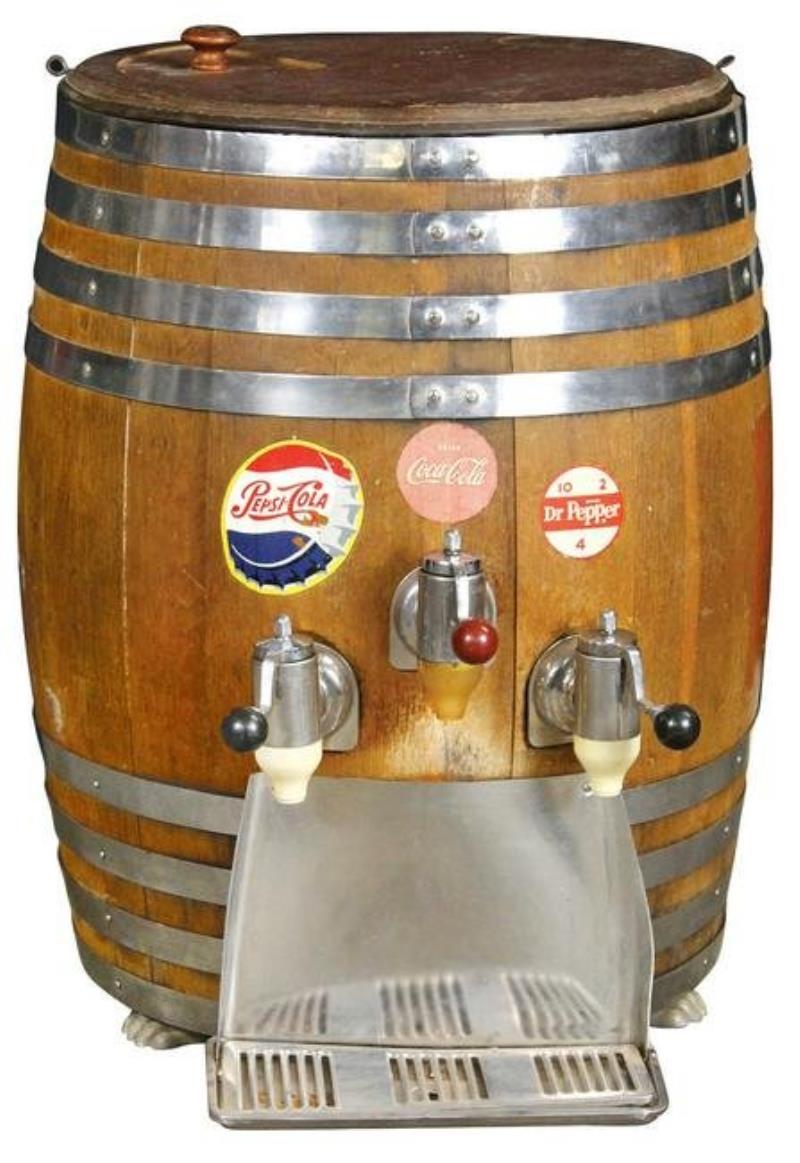 Soda Fountain Dispenser, oak barrel w/triple faucet,