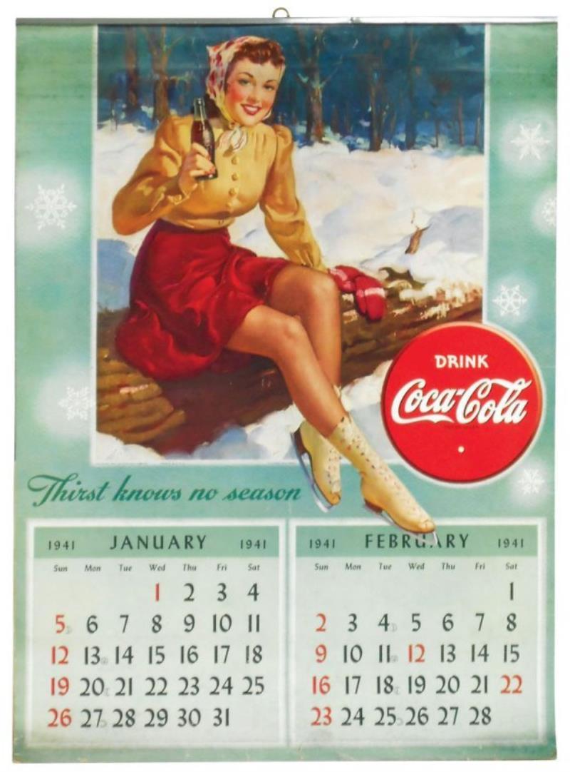 Coca-Cola calendar, c.1941,skater girl w/bottle, VG