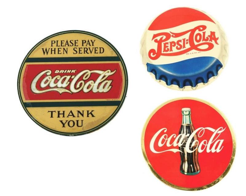 COCA-COLA AND PEPSI ADVERTISING SIGNS.