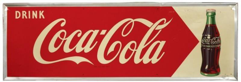Coca-Cola sign, self-framed metal w/bottle, dated 1955,