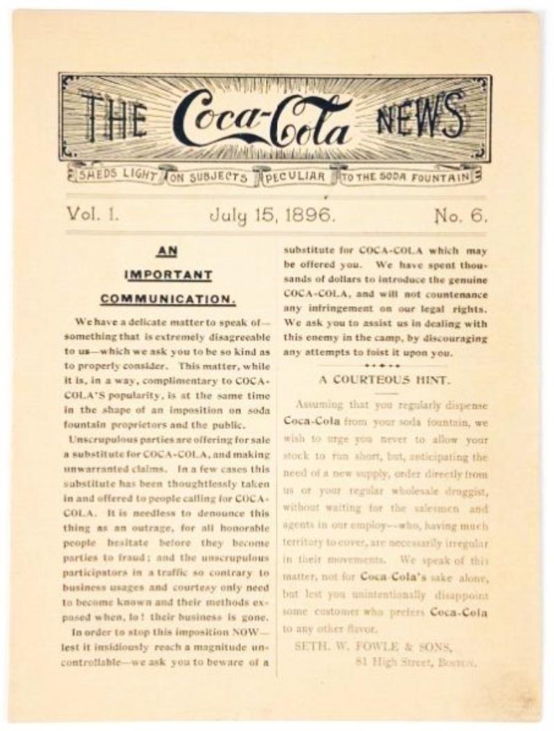Scarce Coca-Cola 1896 News.