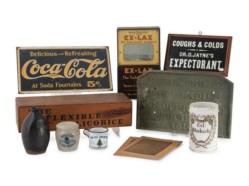 A Group of Eleven Advertising Plaques, Boxes, Jars and