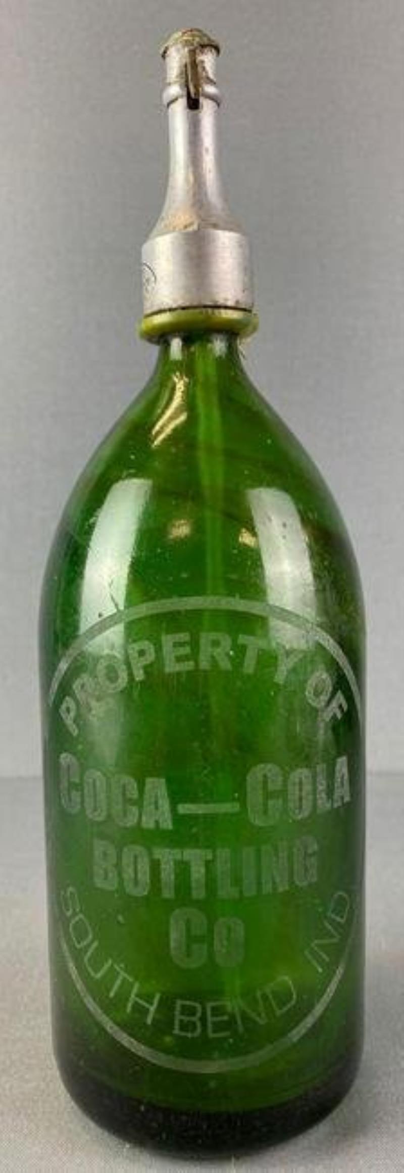 Vintage Coca Cola Etched Green Glass Seltzer Bottle