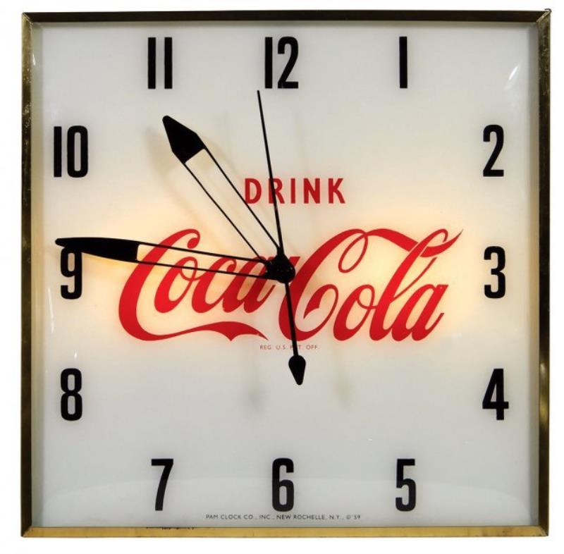 Coca-Cola Clock, Pam lightup, square case w/"Drink