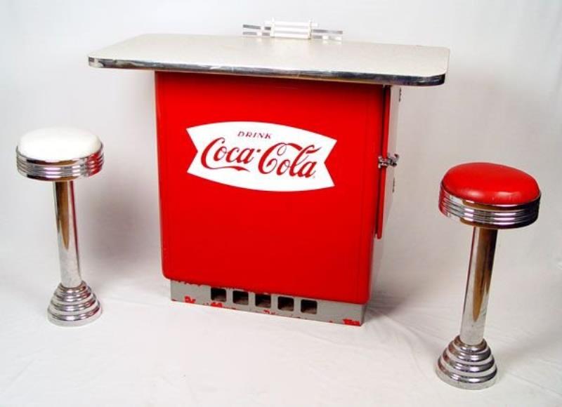 VINTAGE COCA COLA COOLER BAR WITH 2 STOOLS
