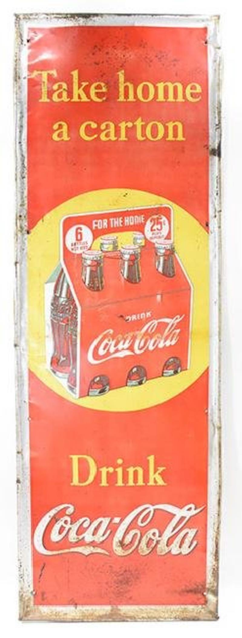 coca-cola take home a carton 25 cent tin sign