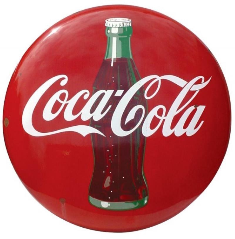 Coca-Cola porcelain button sign w/bottle, c1950,