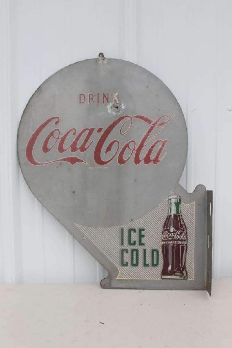 Drink Coca-Cola Ice Cold, flange sign, with some loss.