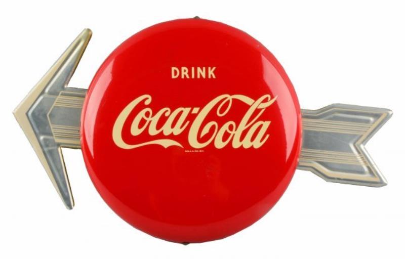 Coca - Cola Tin Button Sign With Arrow.
