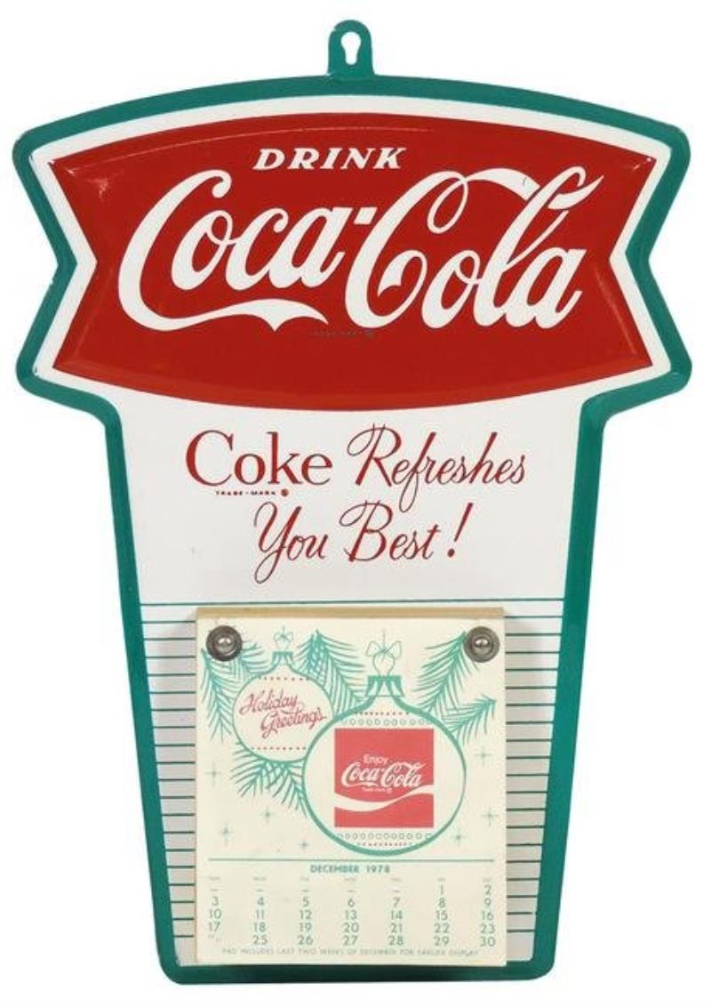 Coca-Cola Calendar Sign, enameled diecut metal fishtail
