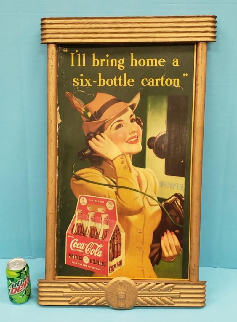 Coca Cola Cardboard Sign, Wood Frame, & Medal Emblem