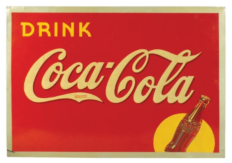 Coca-Cola sign, embossed metal w/bottle graphic, by