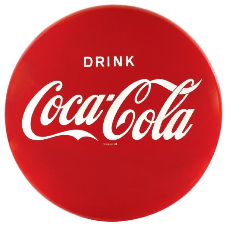 Coca-Cola button sign, "Drink Coca-Cola", diecut metal,