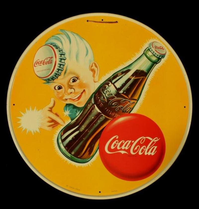 A 1947 COCA-COLA TIN ADVERTISING SIGN WITH SPRITE BOY