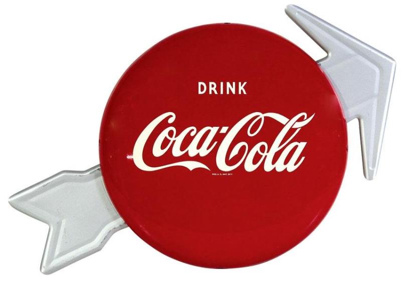 Coca-Cola Sign, Drink button w/arrow, metal w/embossed