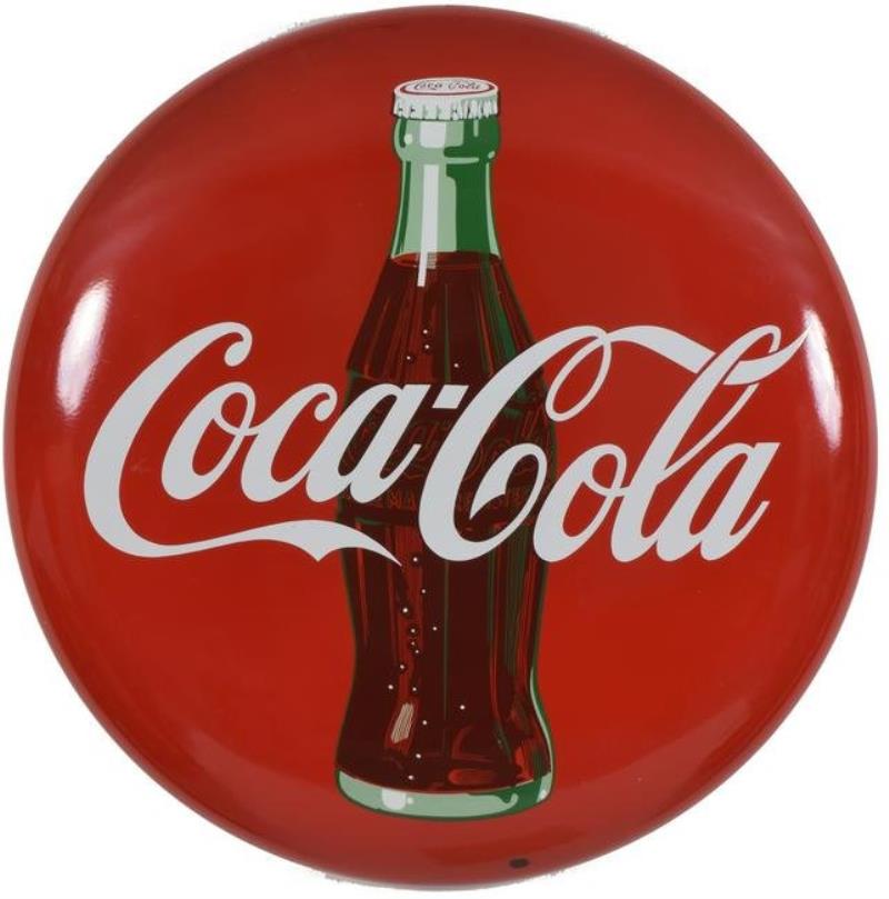 Original 1950s Coca Cola large enameled button sign.