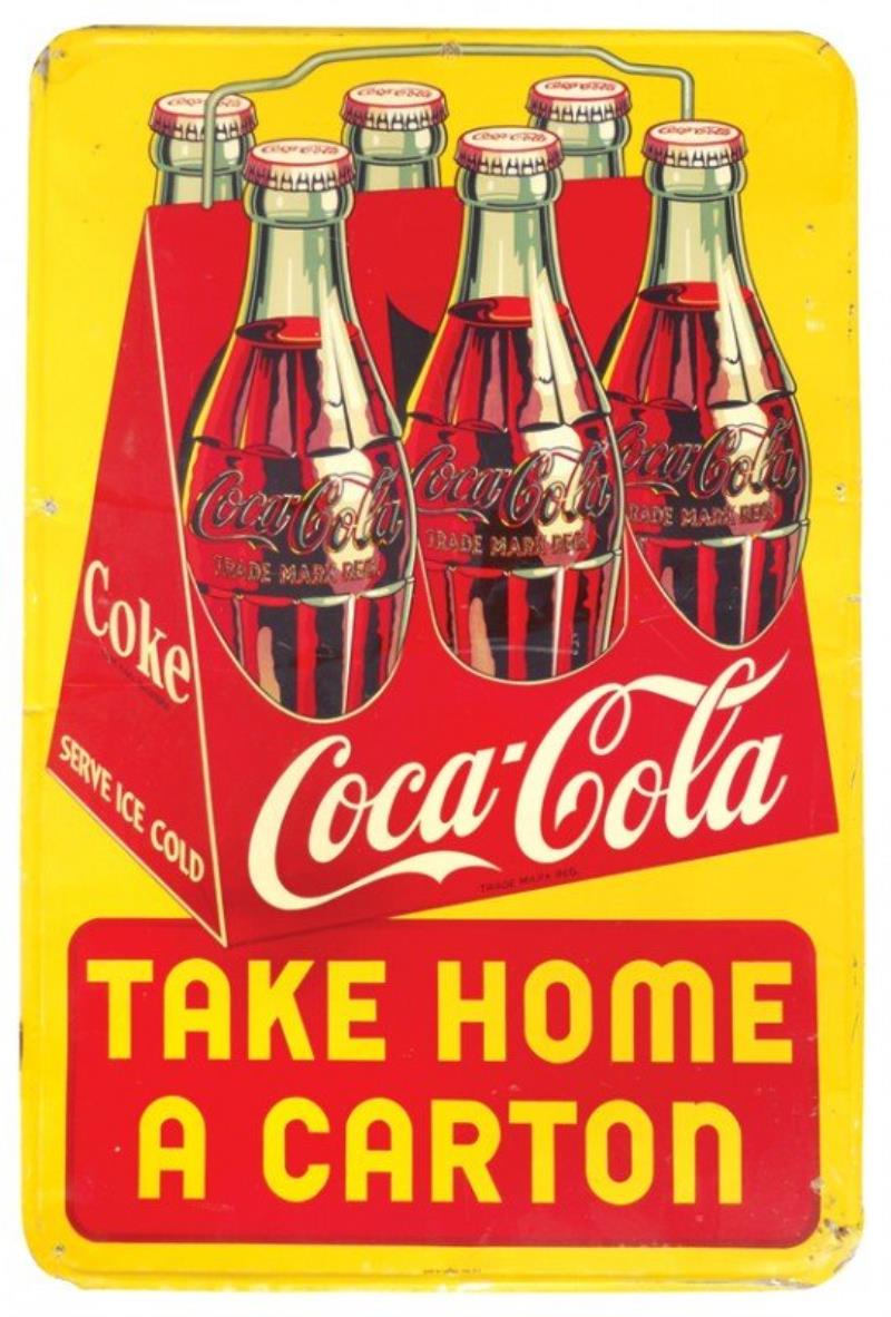 Coca-Cola self-framed metal sign w/colorful carto