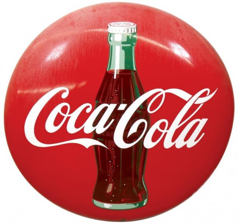 Coca-Cola sign, porcelain button w/bottle graphic,