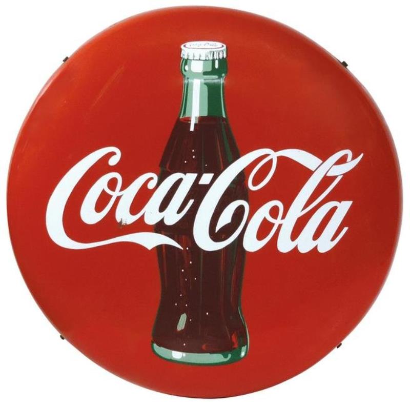 Coca-Cola button sign, porcelain w/bottle graphic,
