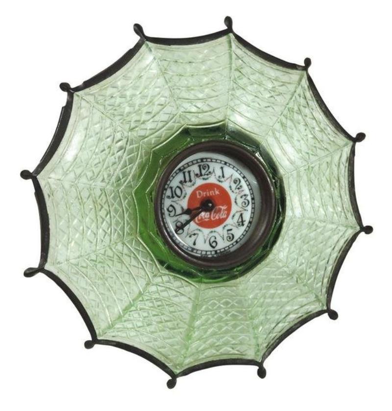 Coca-Cola umbrella clock, green pressed glass w/metal