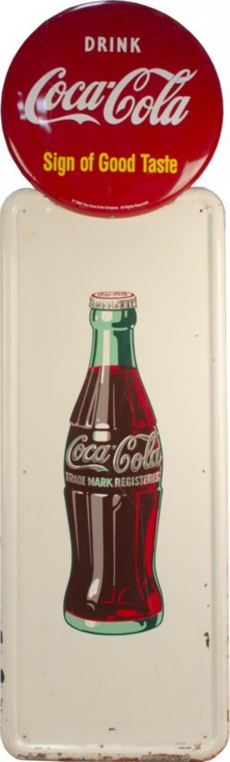 Coca-Cola Tin Self-Framed Bottle Sign w/ 16"d Button
