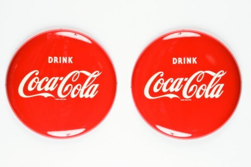 Two Vintage 16" Coca-Cola Metal Button Signs