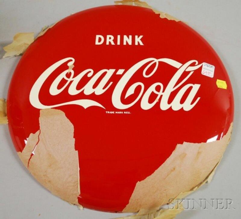 Coca-Cola Painted Tin Button Sign, c. 1952 (unuse